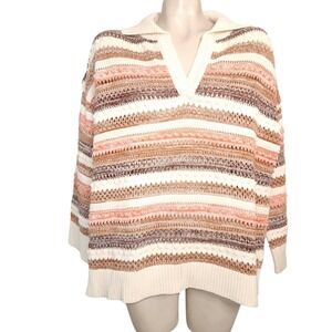 Knowledge Cotton Apparel Striped Knit Sweater‎ Brown Coral Boho Pullover S beach